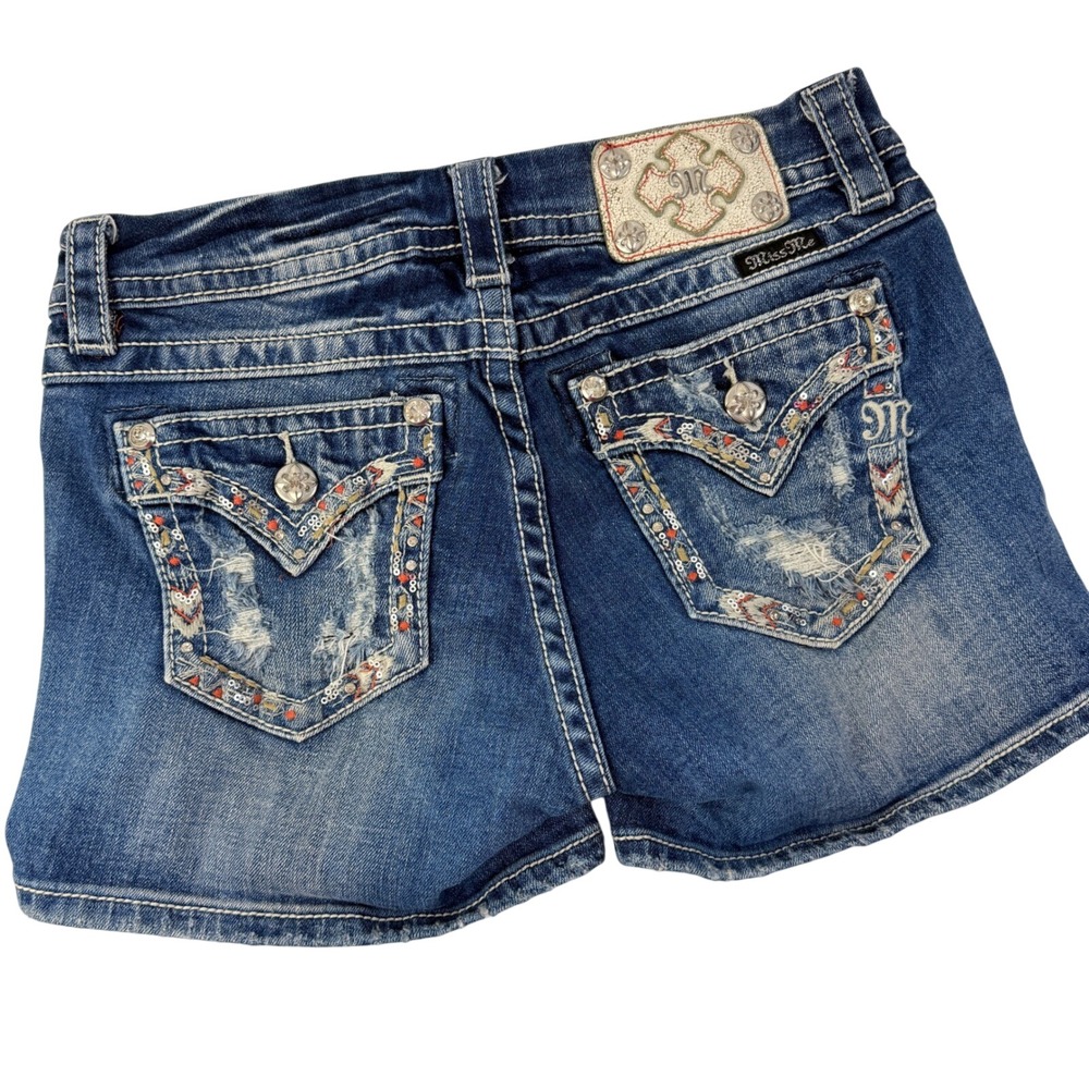 Miss Me Jean Shorts Womens 27 Blue Excellent Distressed Sequin Curvy Mid Rise - Picture 7 of 9